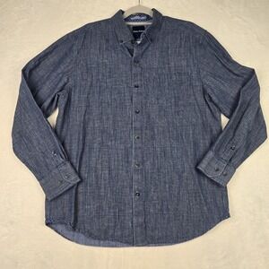 Tommy Bahama Mens Blue Gray Plaid‎ Button Down Shirt Size Large Linen